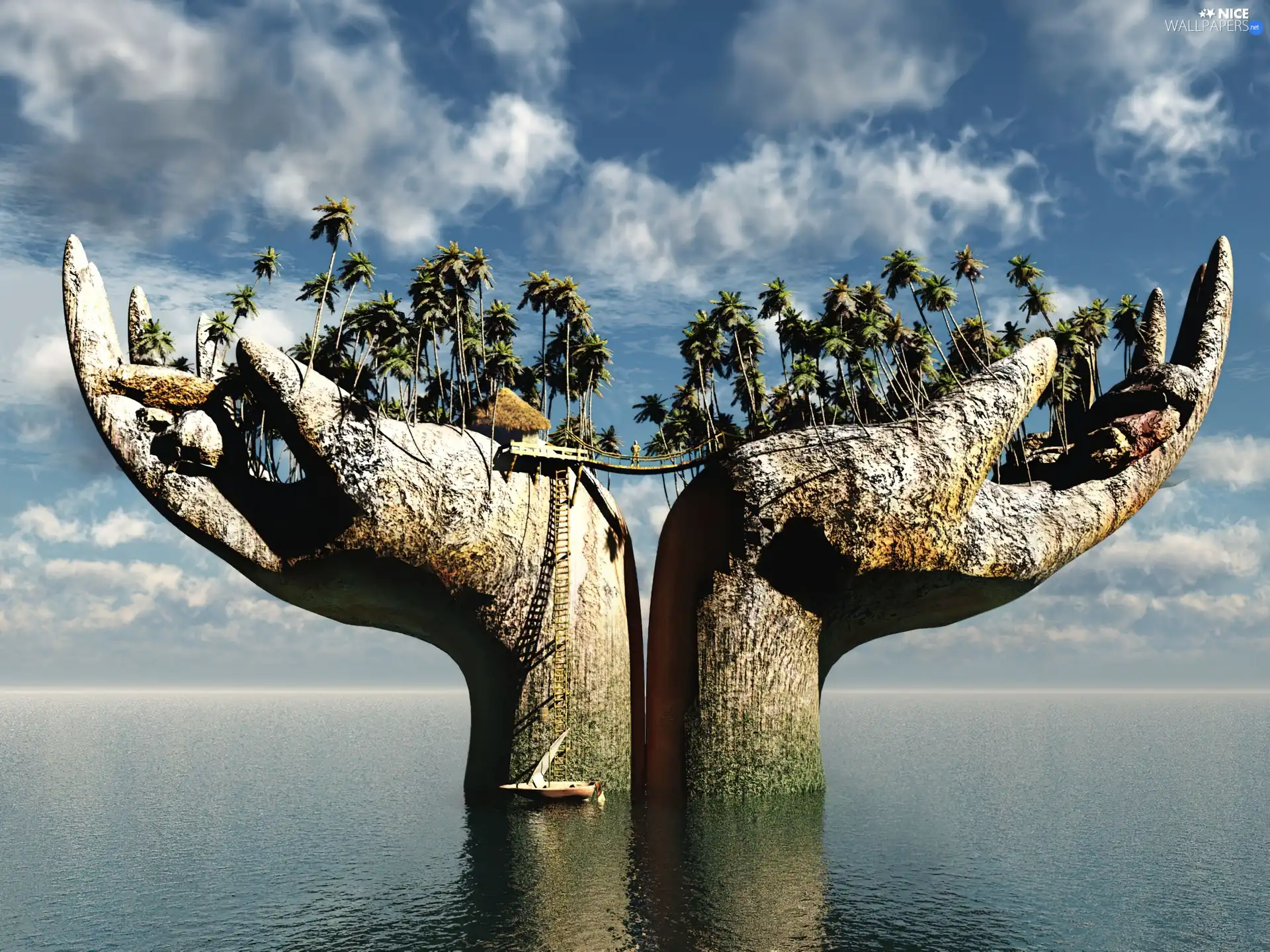 Stone, Palms, Island, hands
