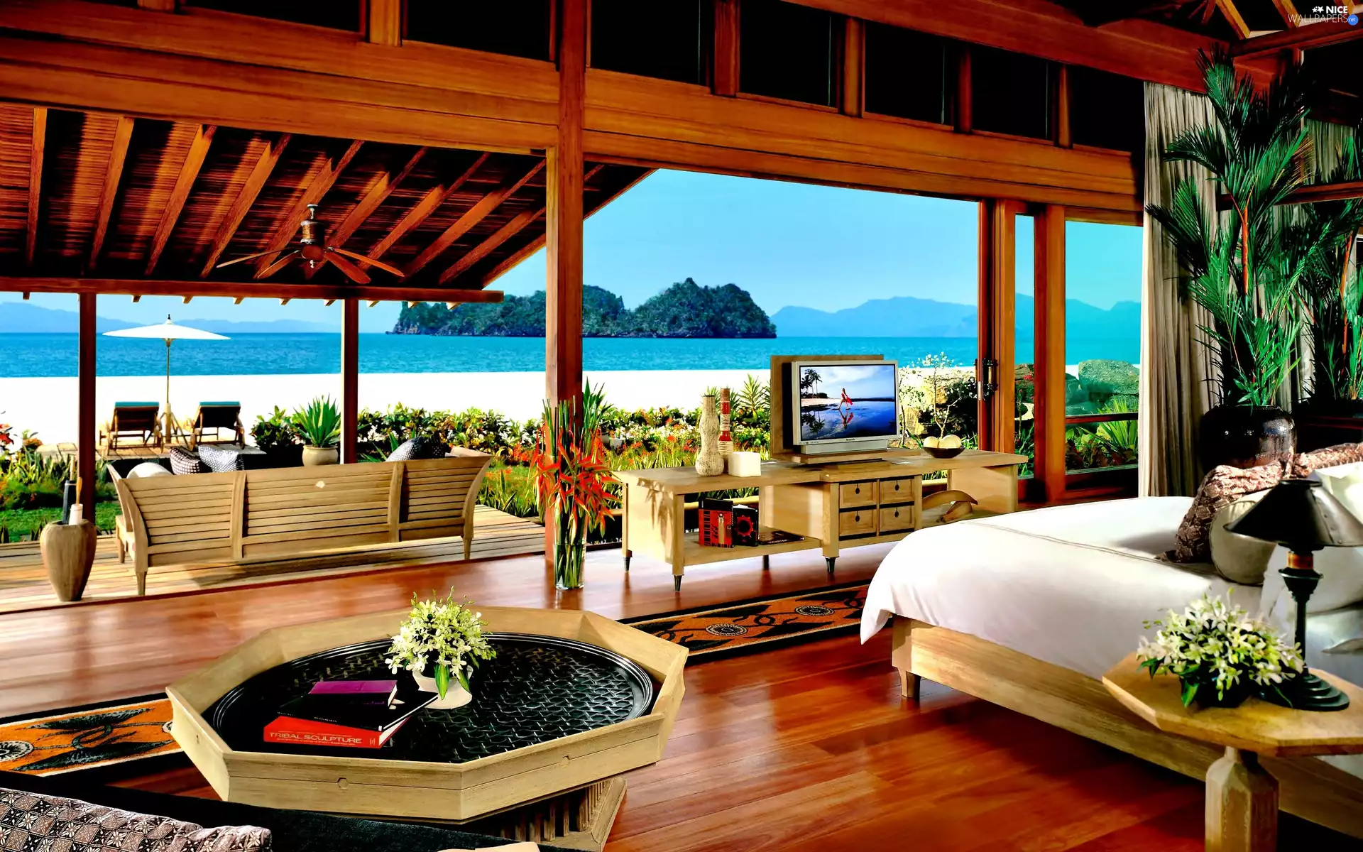 Bedroom, house, sea, Island, terrace, villa