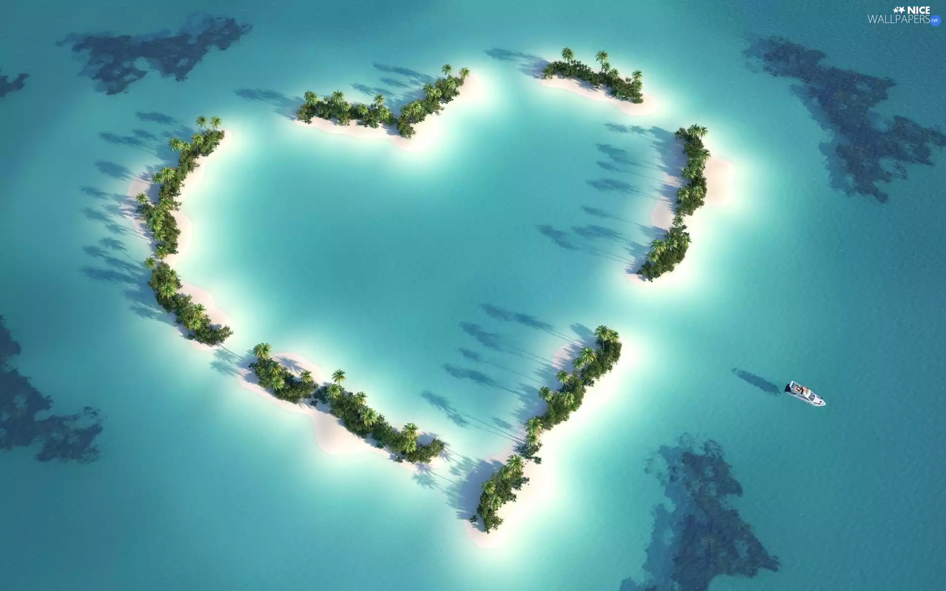 archipelago, Heart, Palms, islands