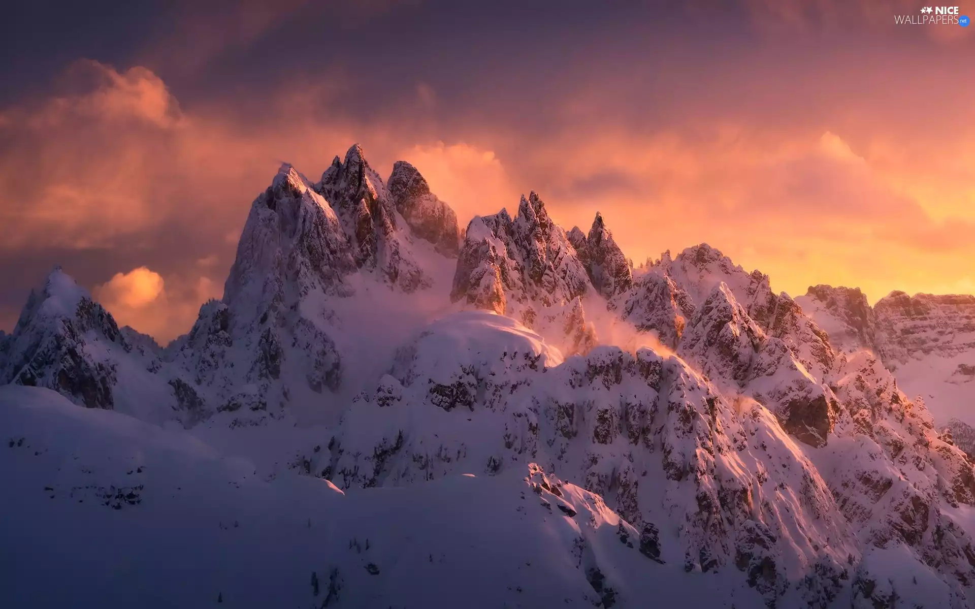 Dolomites, winter, clouds, Italy, Great Sunsets, Mountains