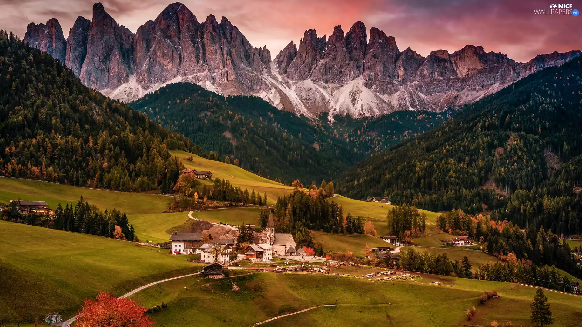 woods, country, Mountains, Way, Dolomites, Sunrise, Santa Maddalena, Italy, Houses, Val di Funes Valley