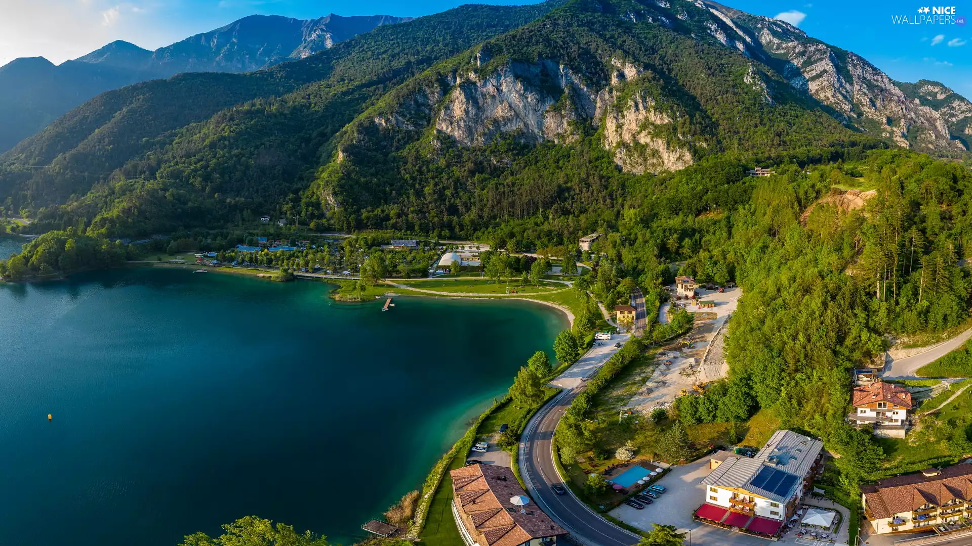 viewes, Mountains, Garda Lake, trees, Way, Houses, Italy