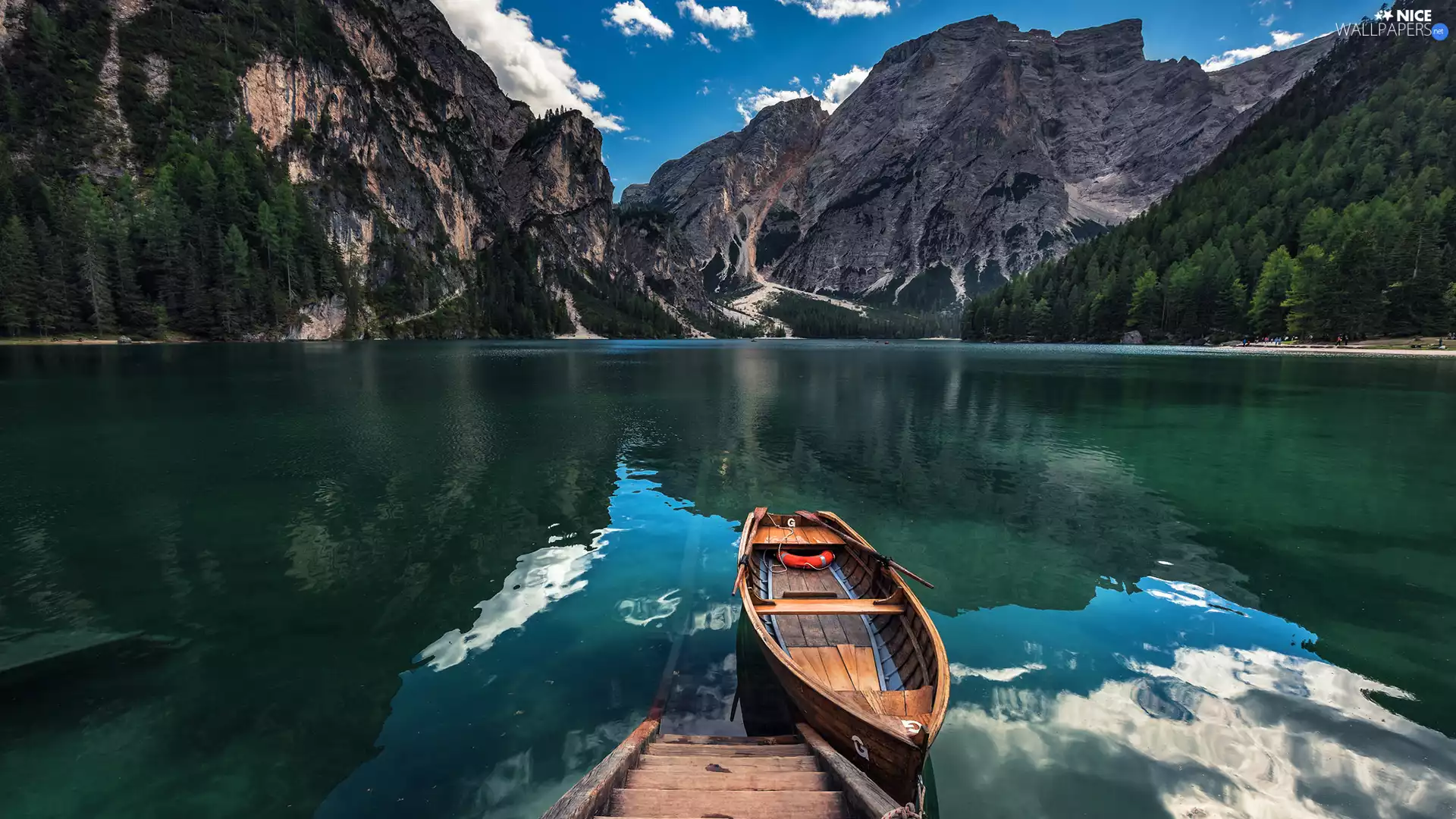 viewes, Dolomites, Pragser Wildsee Lake, wood, Mount Seekofel, Italy, South Tyrol, Stairs, Boat, trees