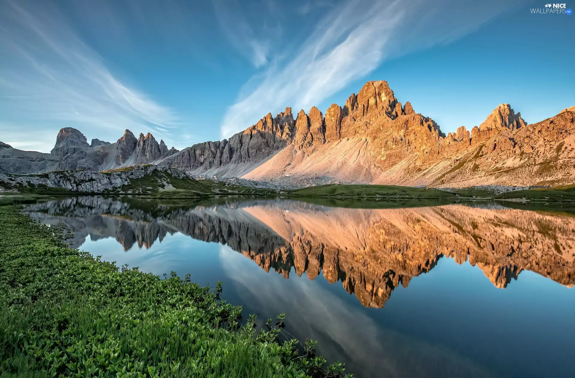 lake, Dolomites, reflection, Paternkofel Mountain, Mountains, Plants, Italy