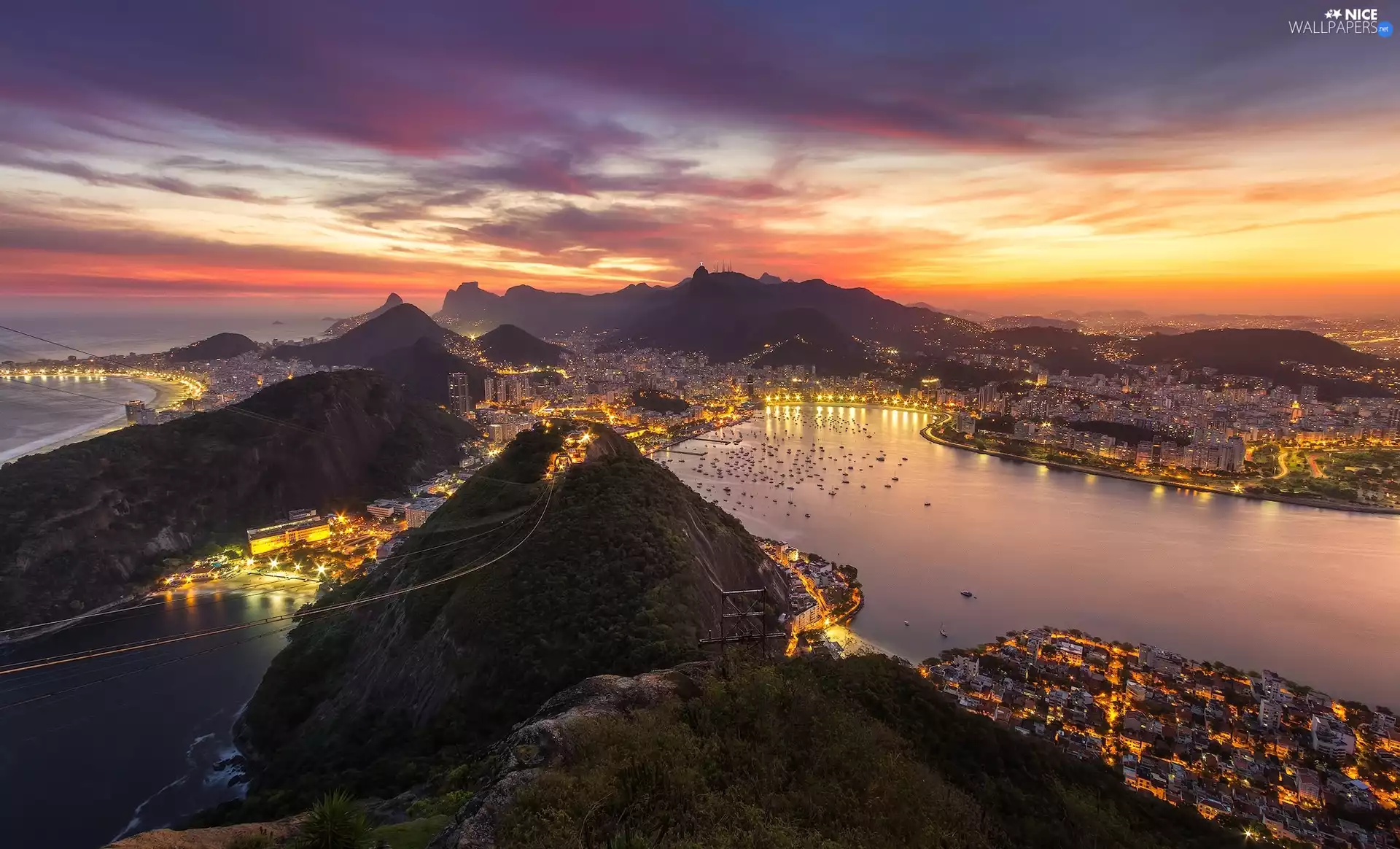 Houses, Rio de Janeiro, Gulf, Great Sunsets, vessels, Brazil, sea, clouds, light, Mountains