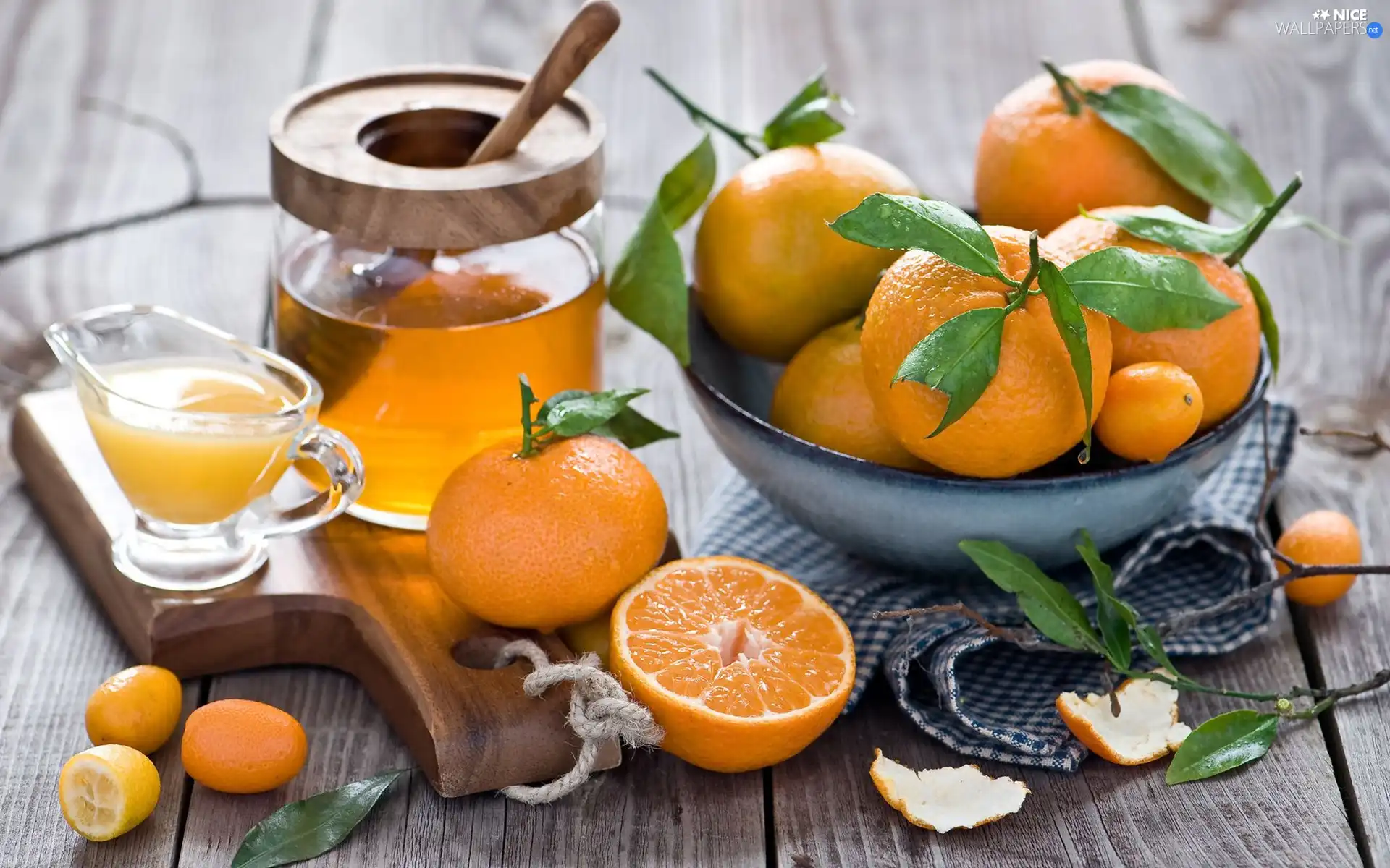 juice, orange, jar, board, bowl, honey