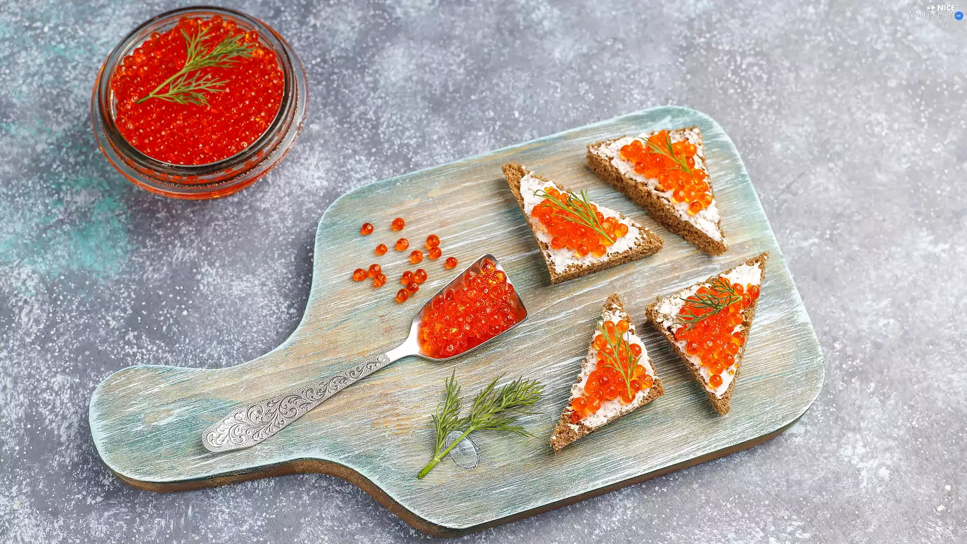 caviar, board, sandwiches, jar