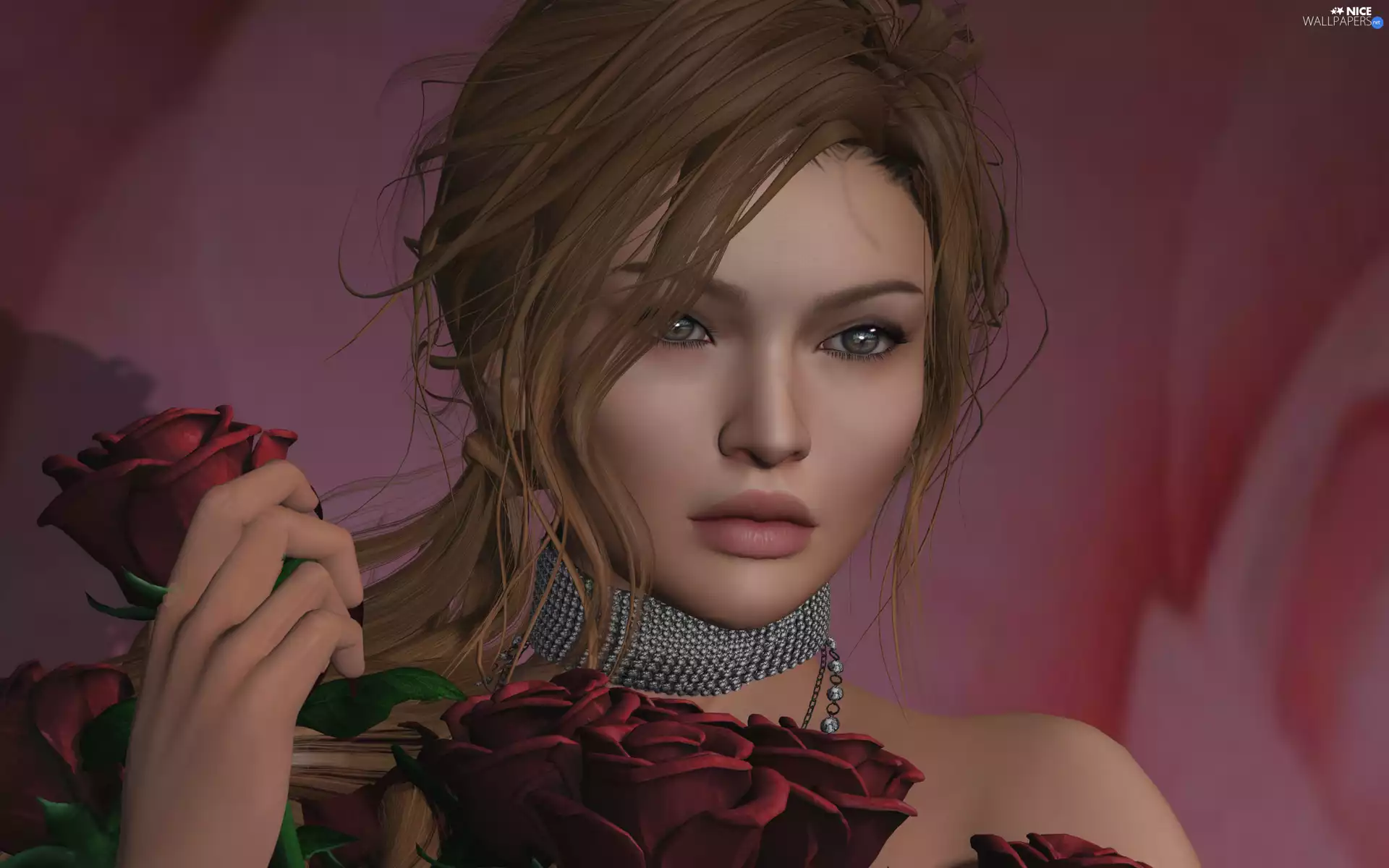 Flowers, graphics, Red, jewellery, roses, Women