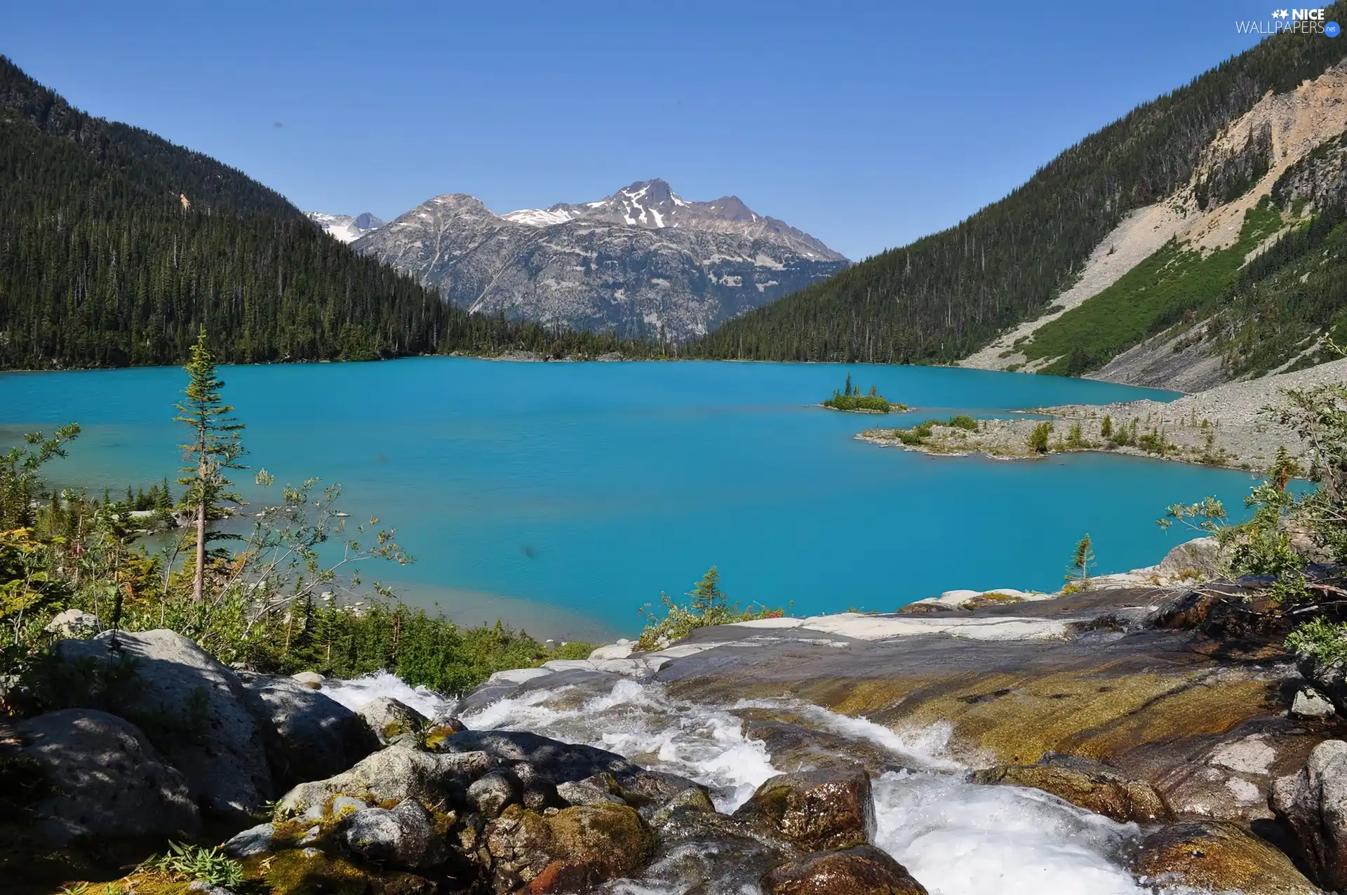 Mountains, lake, Joffre, Canada, woods, rocks