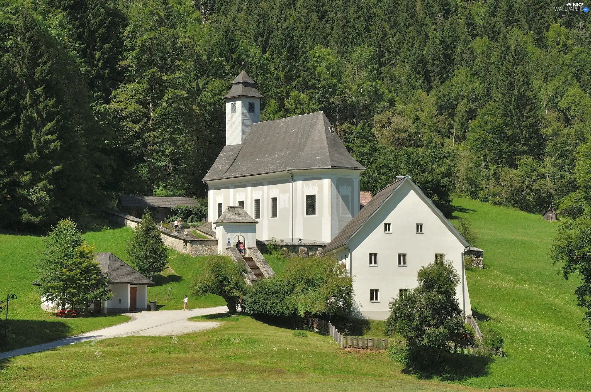 trees, church, Johnsbach, Austria, viewes, grass