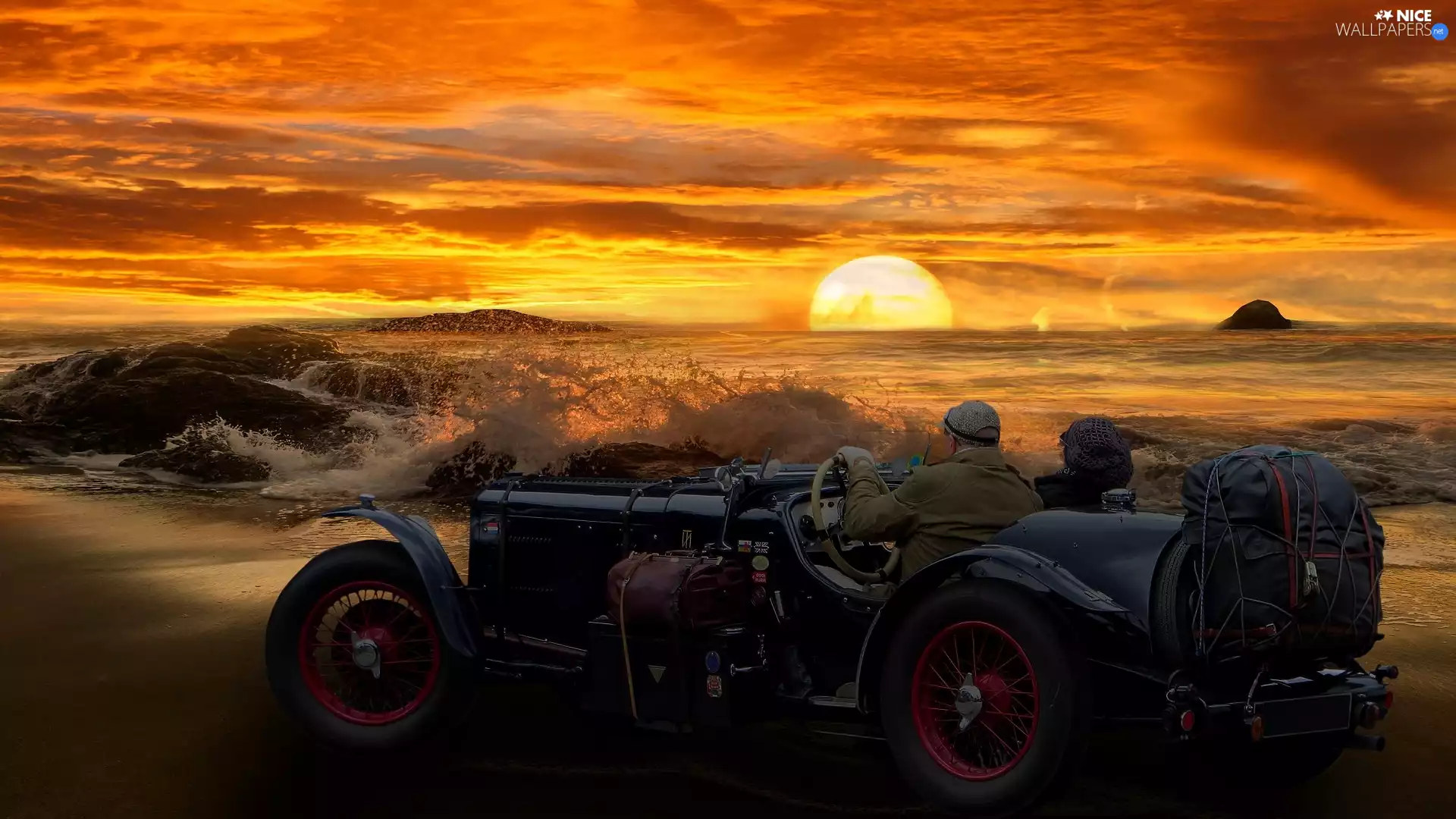 antique, sea, Passengers, Great Sunsets, photomontage, Automobile, journey