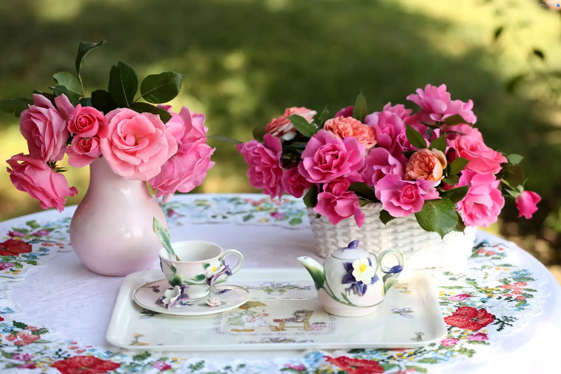 bottles, cup, jug, roses