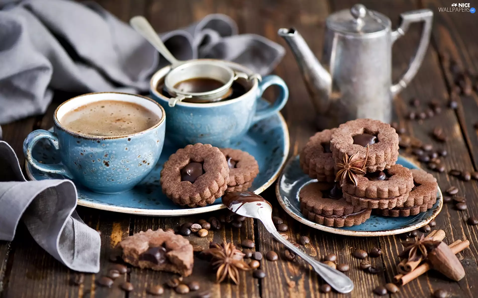 anise, coffee, Plates, jug, cups, Cookies