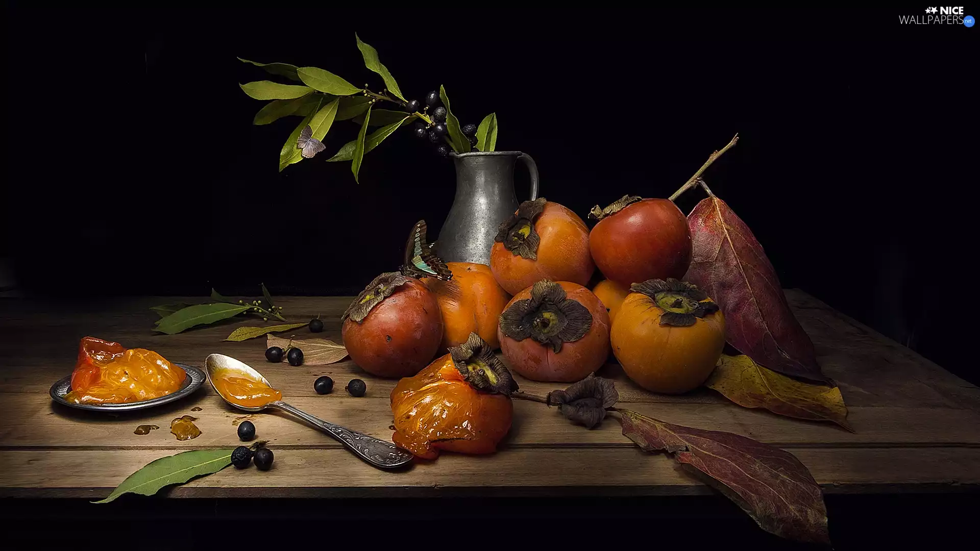teaspoon, jug, Fruits, Persimmons, composition