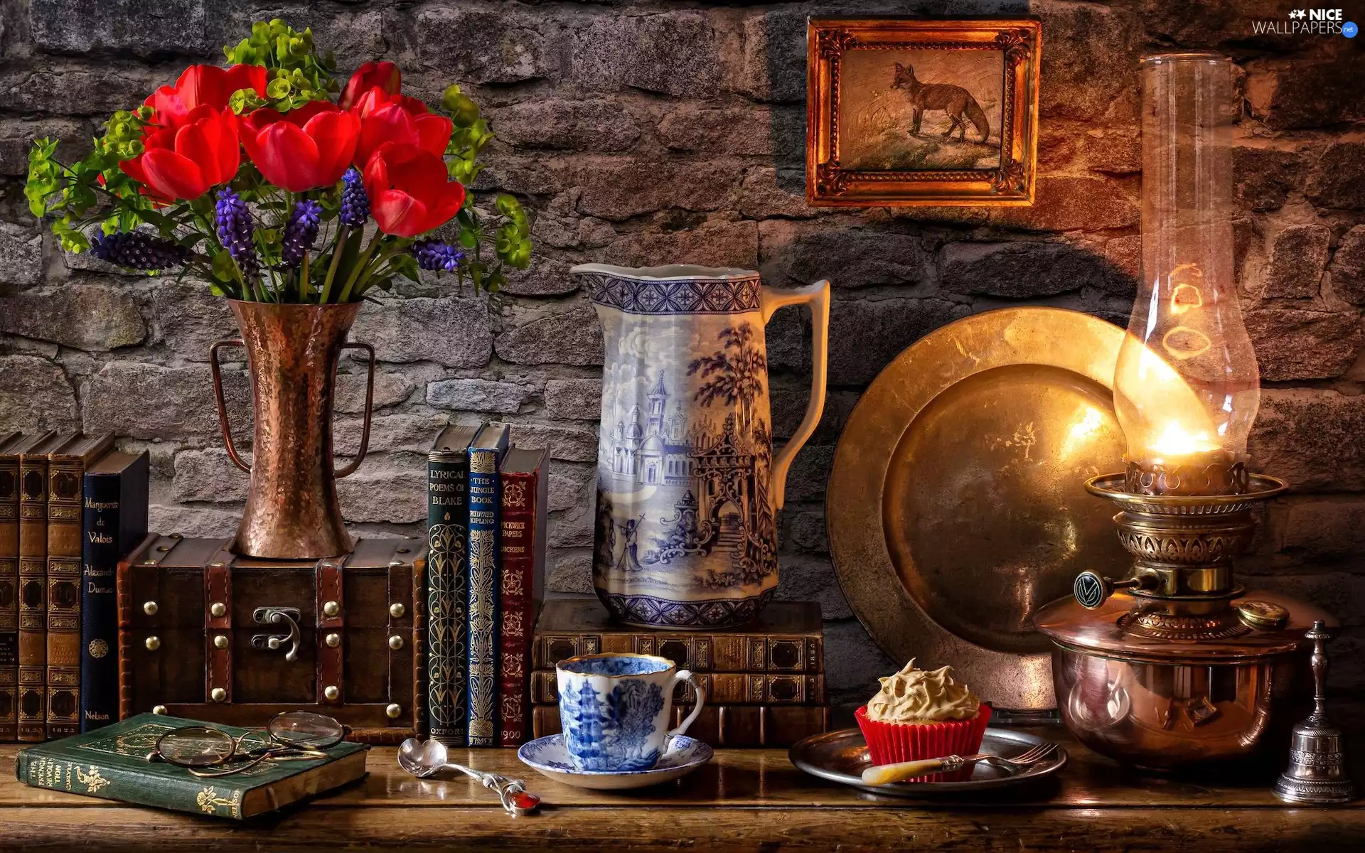 Books, Tulips, Glasses, jug, composition, Lamp, cup