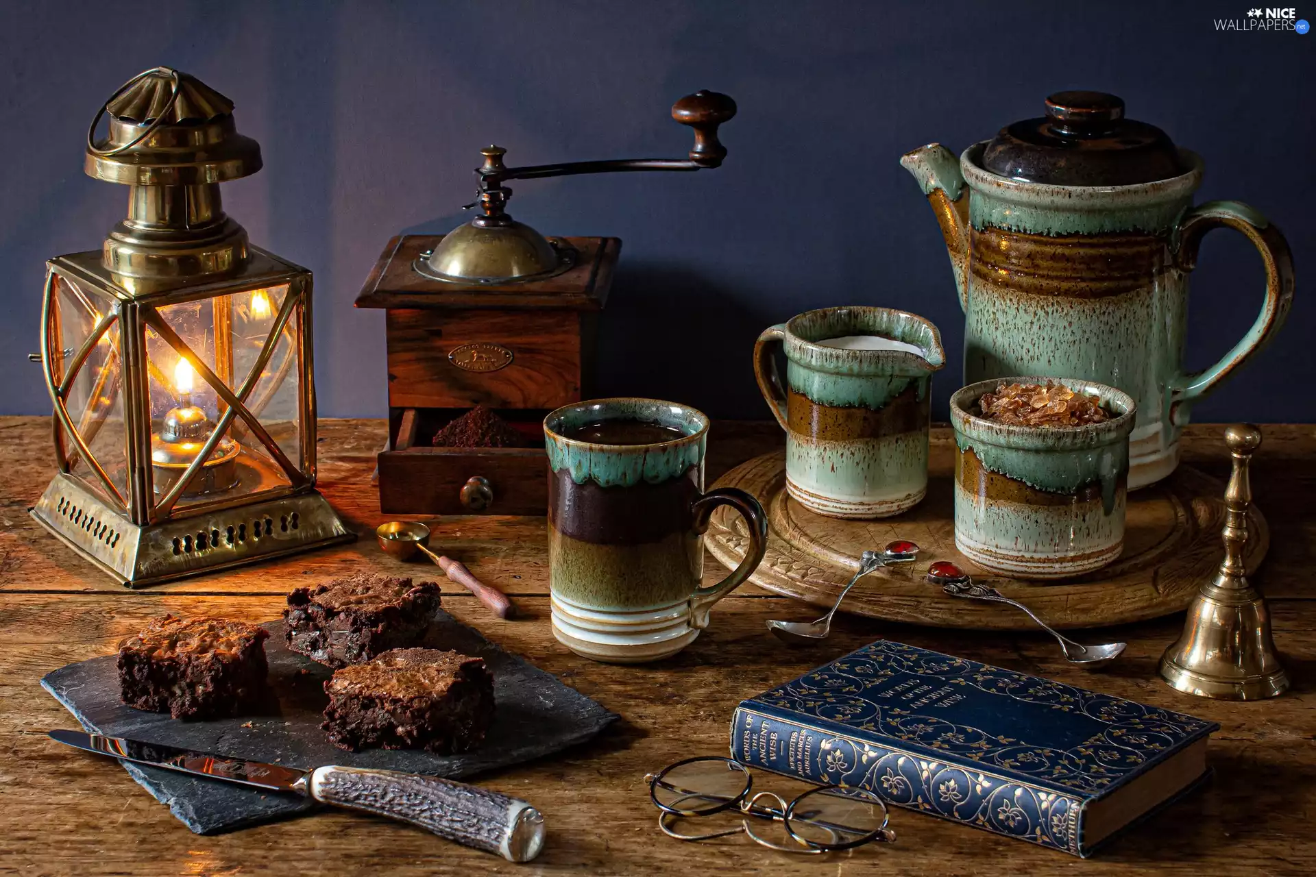 jug, composition, Lamp, Book, mill, bell, knife, Glasses, cake