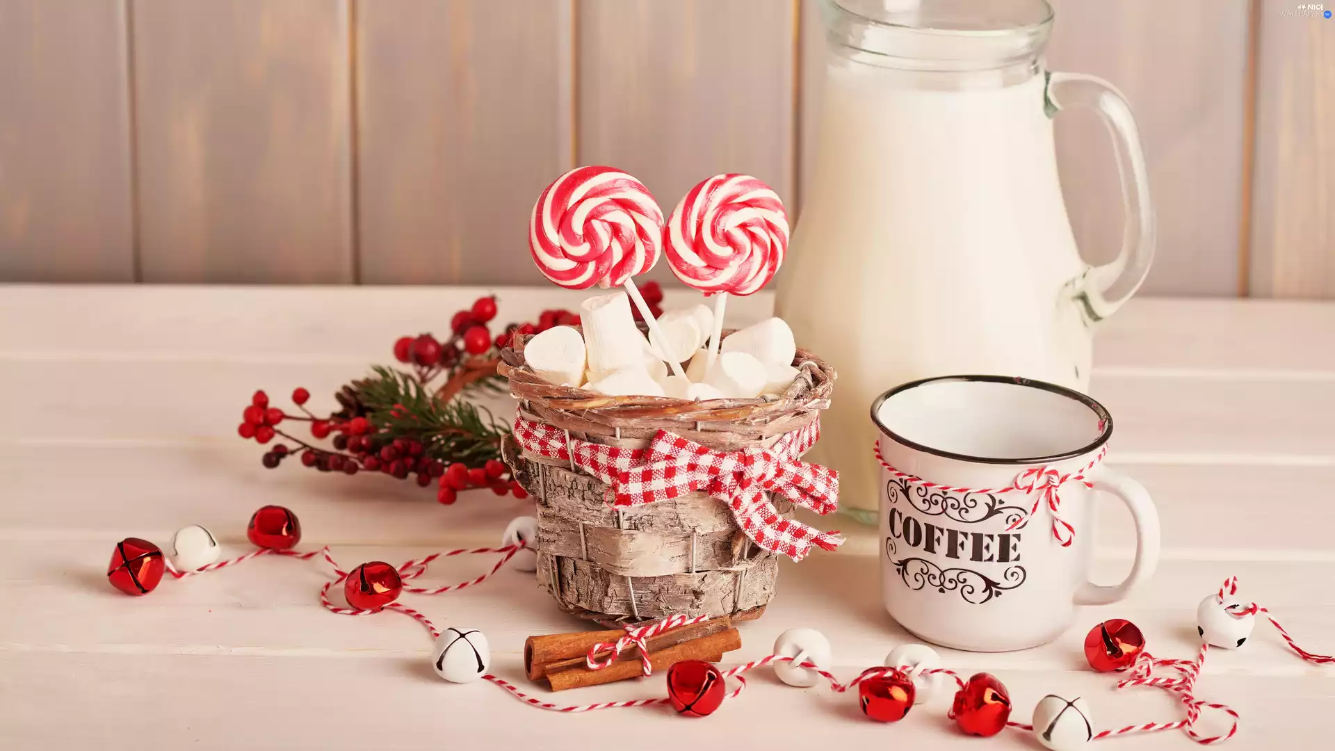 M&Ms balls, composition, bells, basket, jug, milk, lollipops, mug, Foams