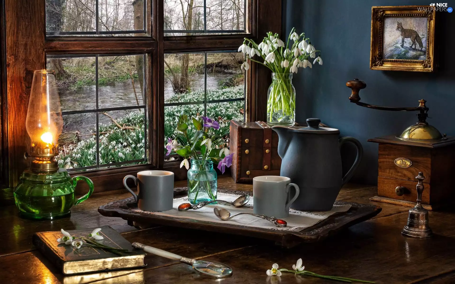 jug, Window, bouquet, Book, snowdrops, composition, Lamp, cups, picture, mill