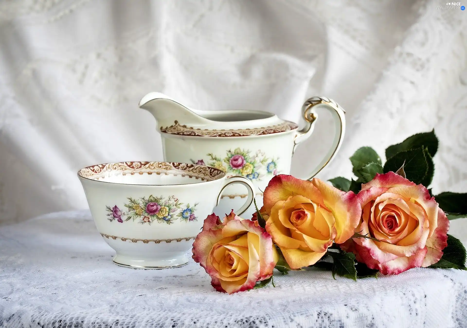 roses, cup, jug, porcelain