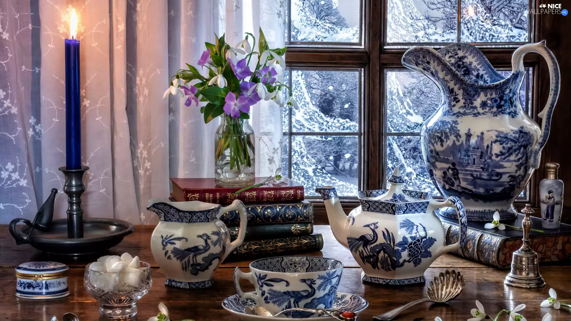 Flowers, porcelain, Books, service, cup, candle, Window, Jugs