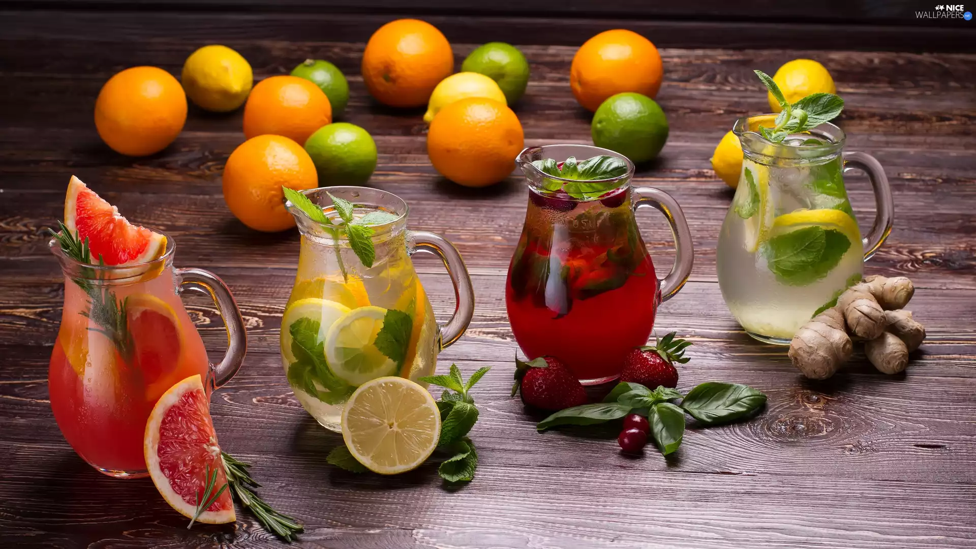 Juices, composition, Jugs, orange, Ginger, Fruits, lemons, strawberries, limes