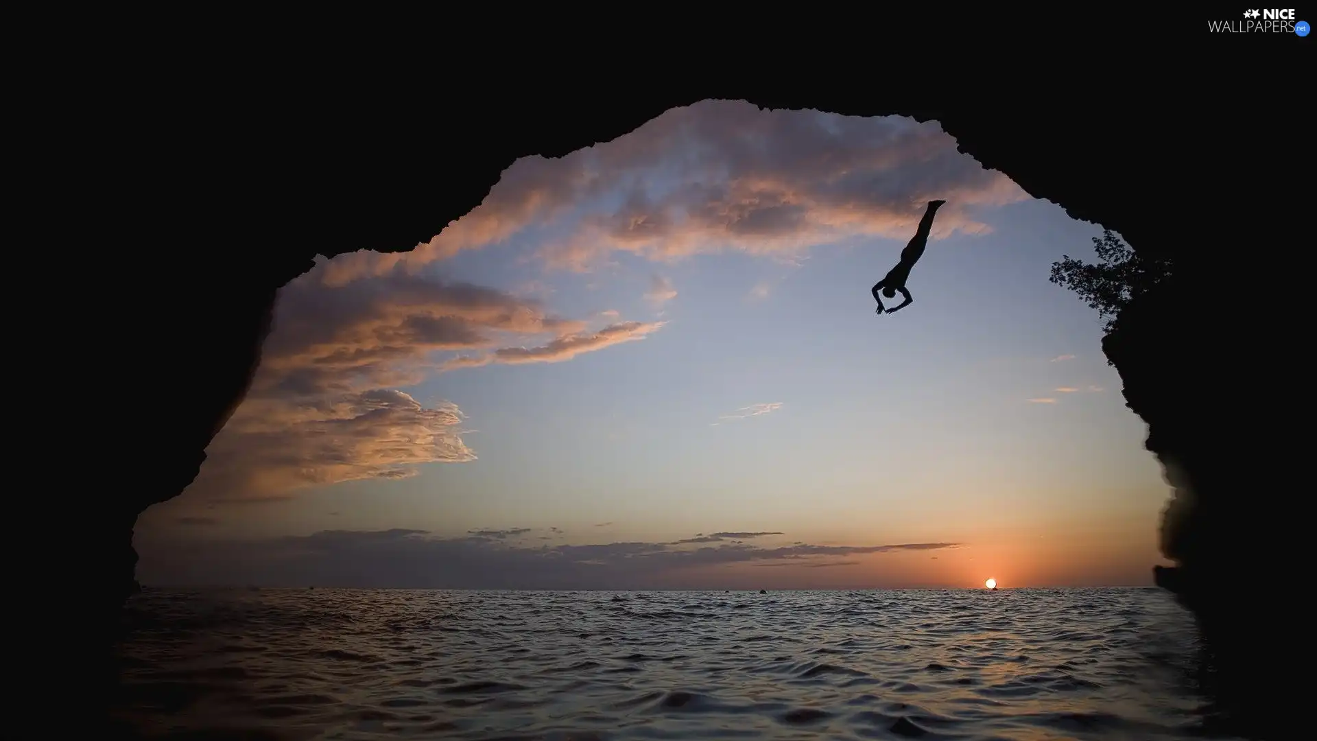 sun, Rocks, Do, west, sea, jump, water