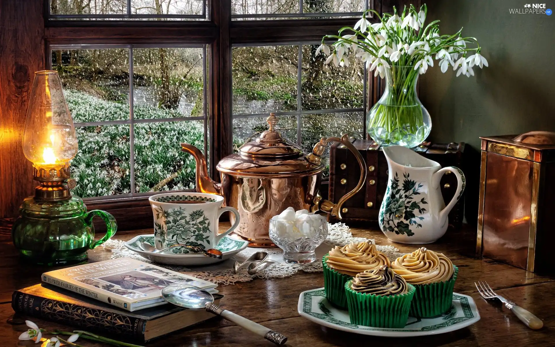 kettle, Window, Flowers, cup, snowdrops, composition, Lamp, Books, Muffins, jug