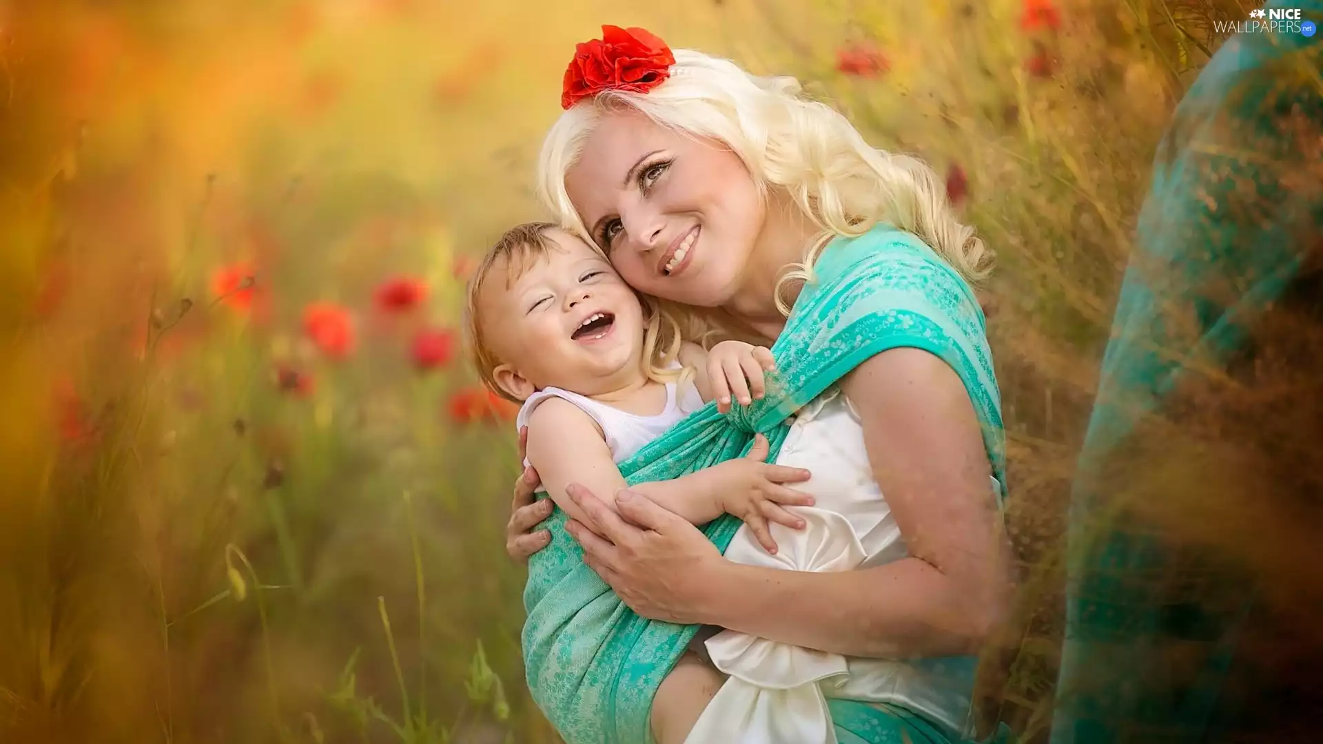 Women, joy, Flowers, Kid