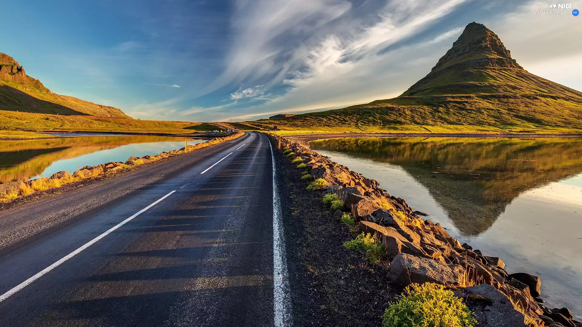 Way, clouds, lake, Kirkjufell Mountain, iceland