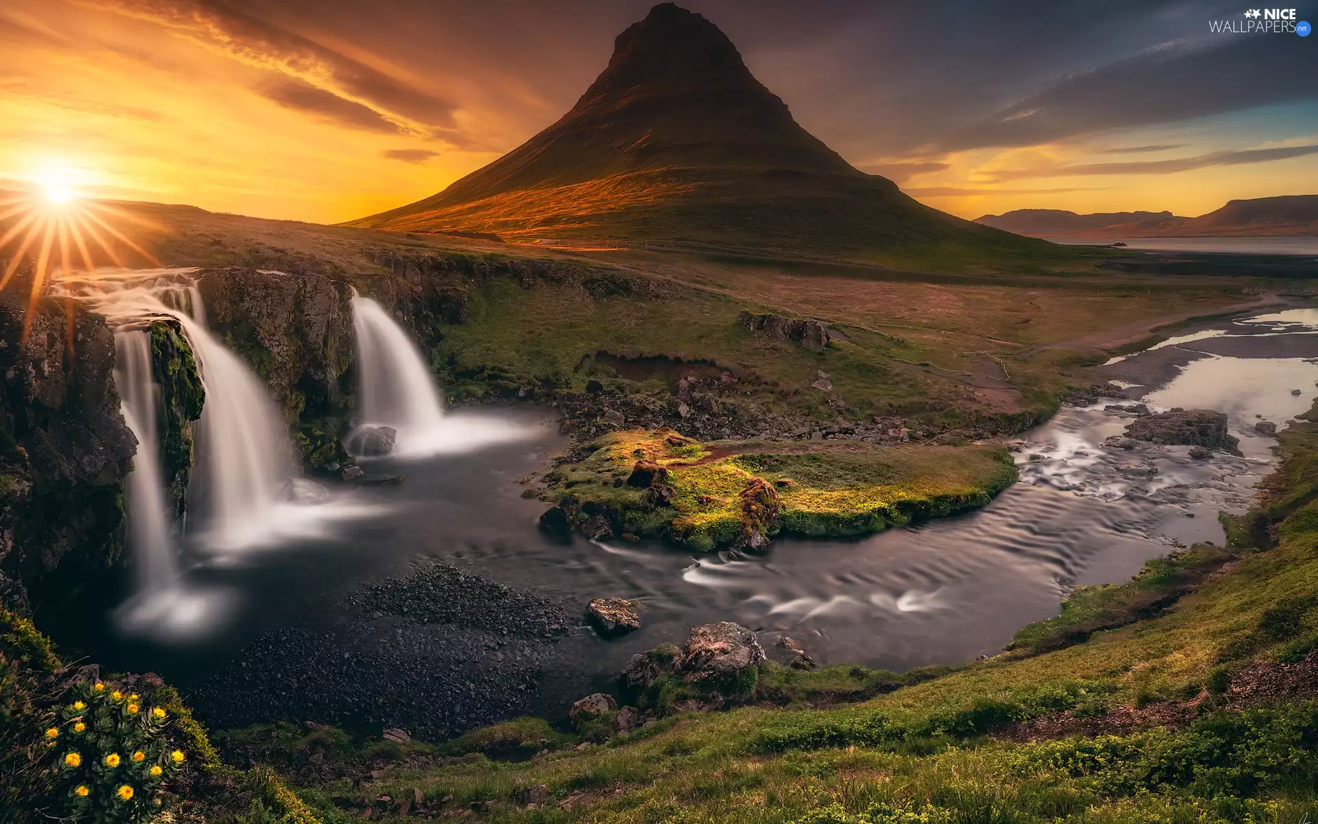 Kirkjufellsfoss Waterfall, iceland, clouds, Great Sunsets, River, Kirkjufell Mountain