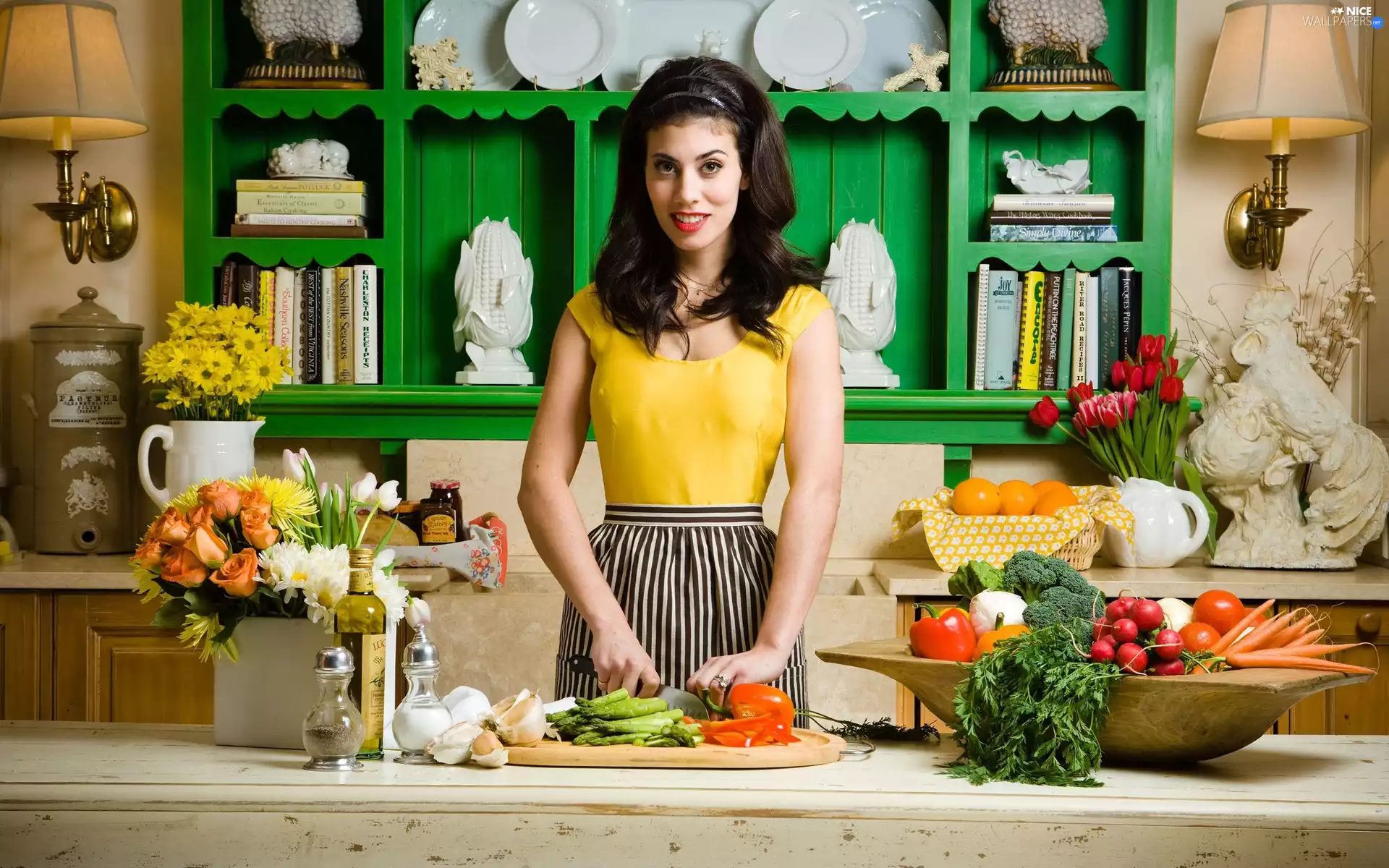 flowers, Kitchen, vegetables, Bouquets, Women