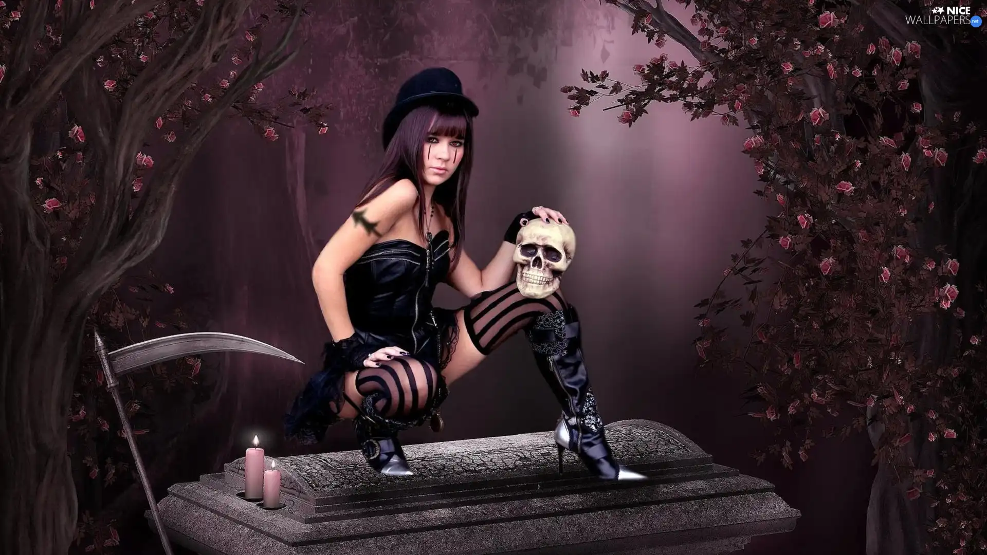 knife, girl, skull