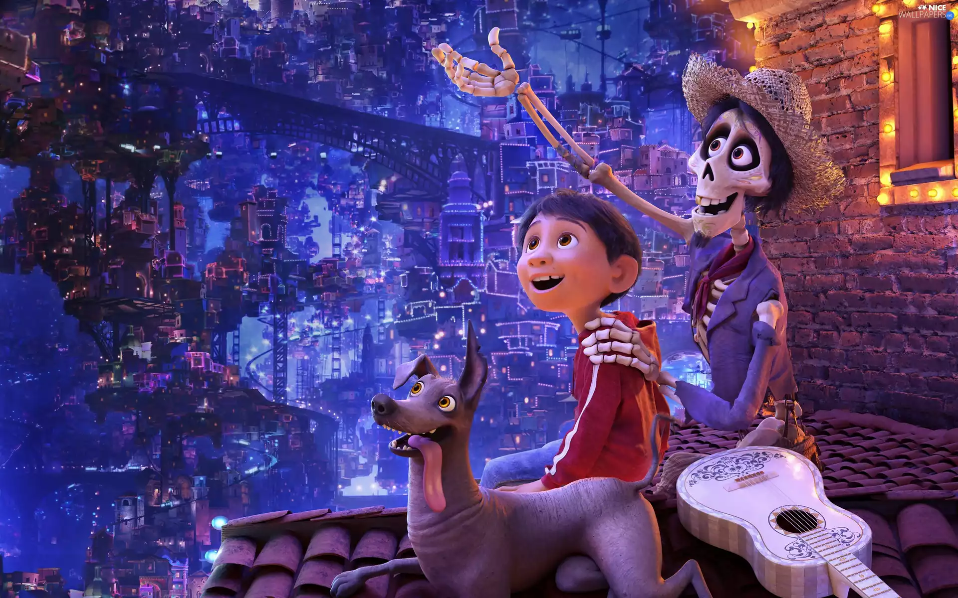 Boy - Miguel Rivera, cartoon, Ernesto de la Cruz, Guitar, dog, Coco