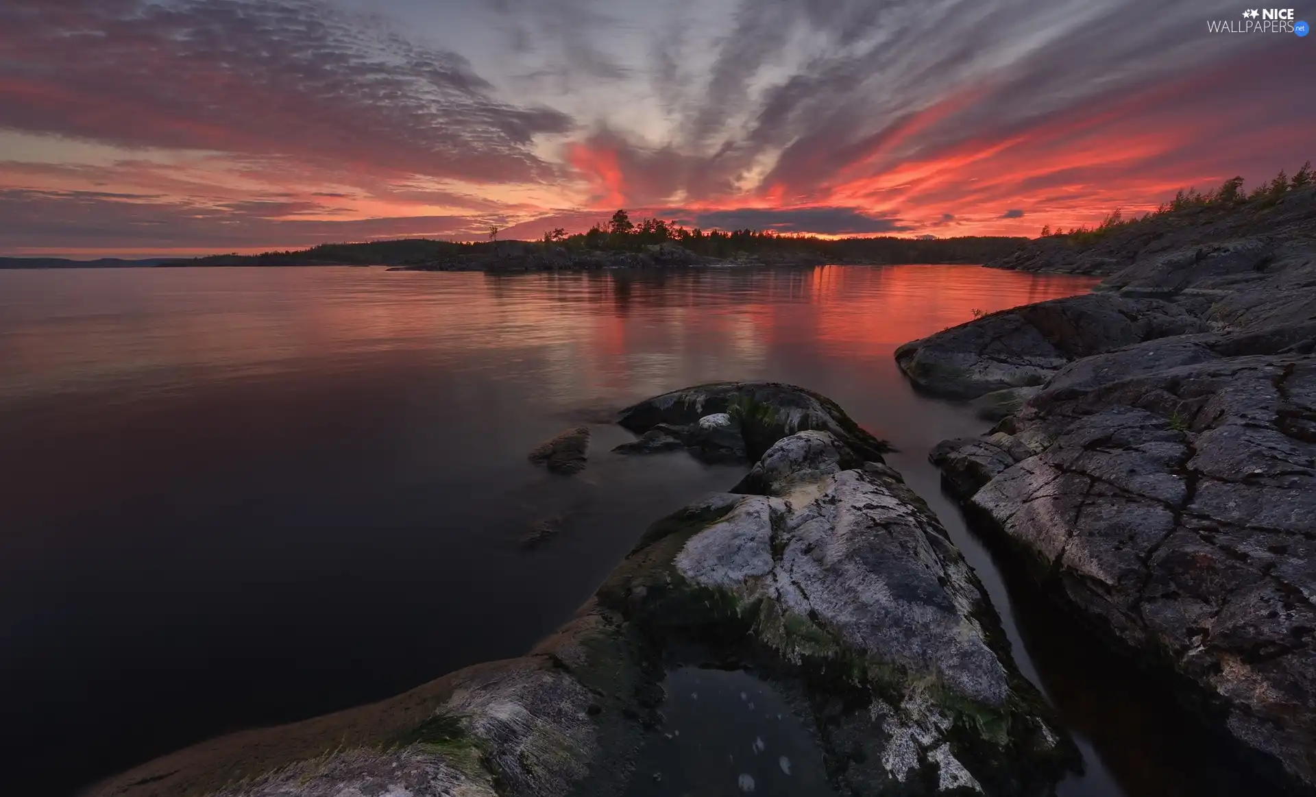 rocks, Great Sunsets, viewes, Russia, trees, Lake Ladoga