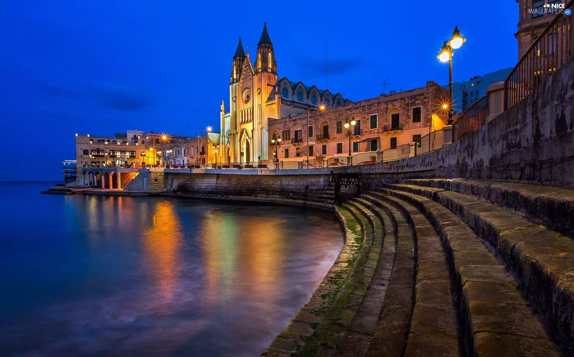 Stairs, Saint Julians, Church of Our Lady of Mount Carmel, Balluta Bay, Malta, Carmelite Church, light