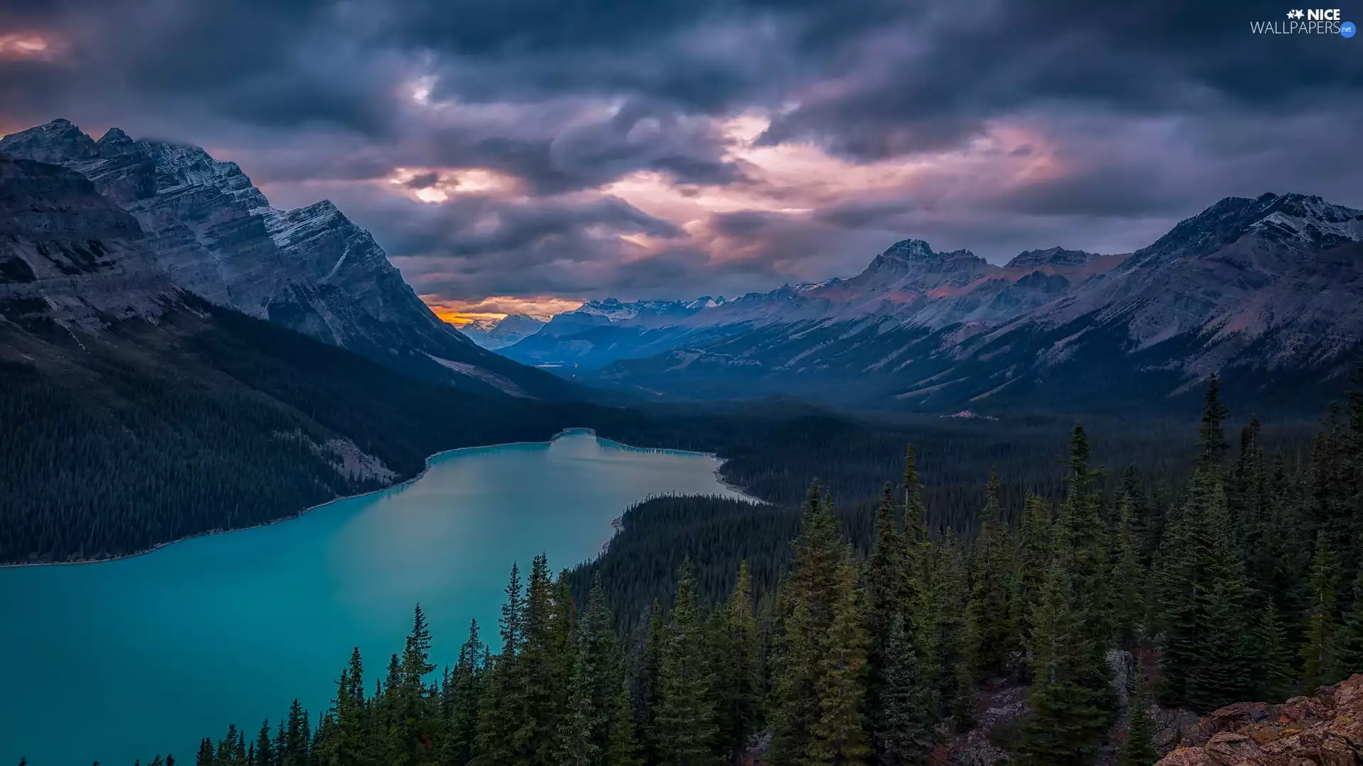 dark, Sunrise, clouds, forest, Mountains, Province of Alberta, viewes, Banff National Park, Canada, trees, rocks, Peyto Lake