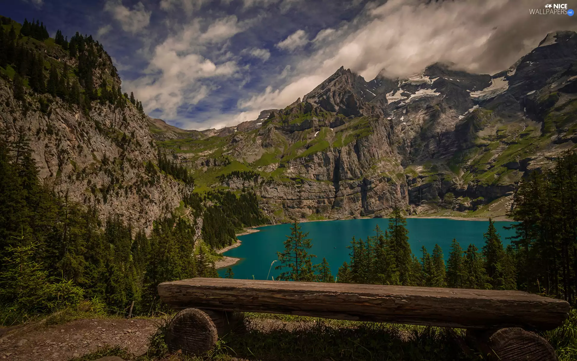 Canton of Bern, Mountains Bernese Alps, trees, Bench, Oeschinen Lake, Switzerland, viewes