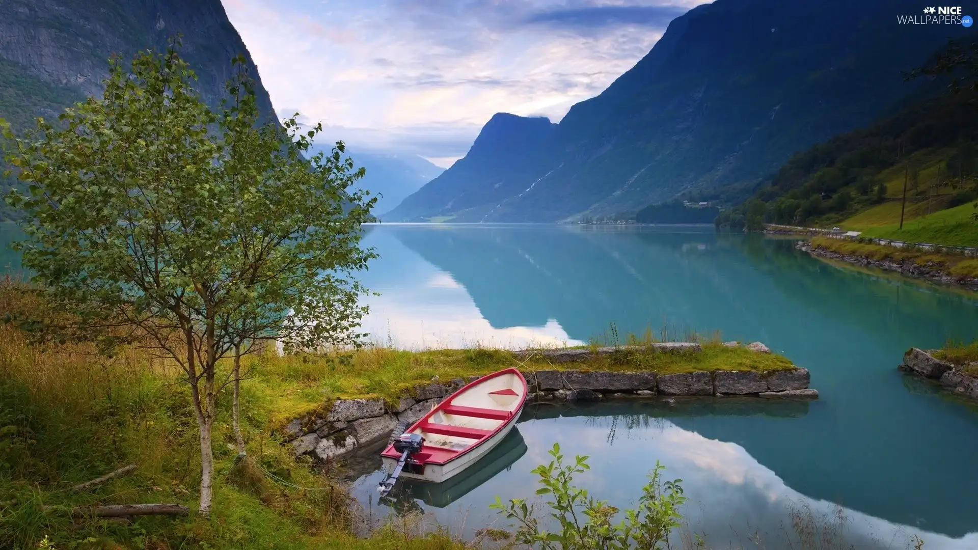 lake, Mountains, Boat