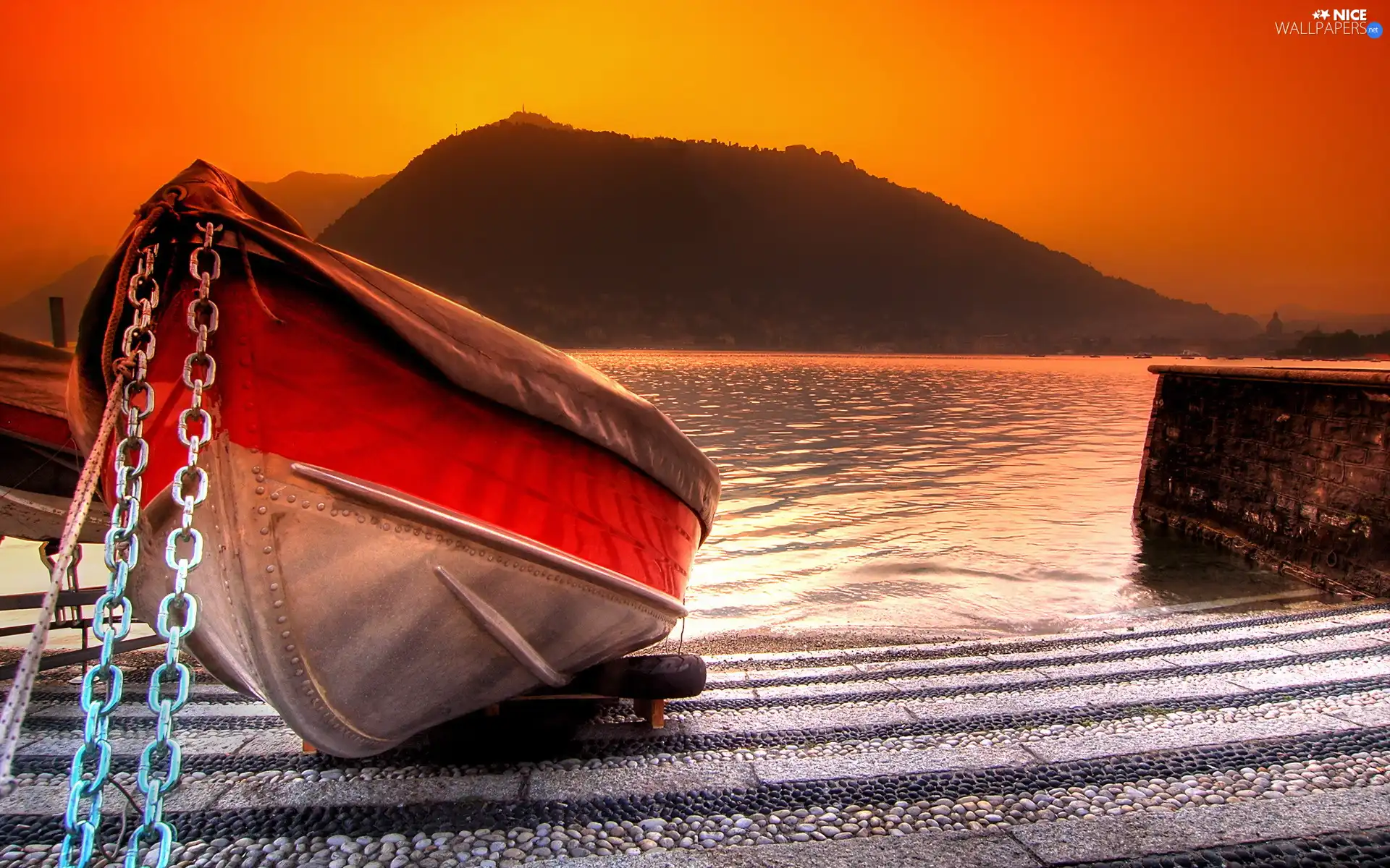 lake, Boat, sun, mountains, west