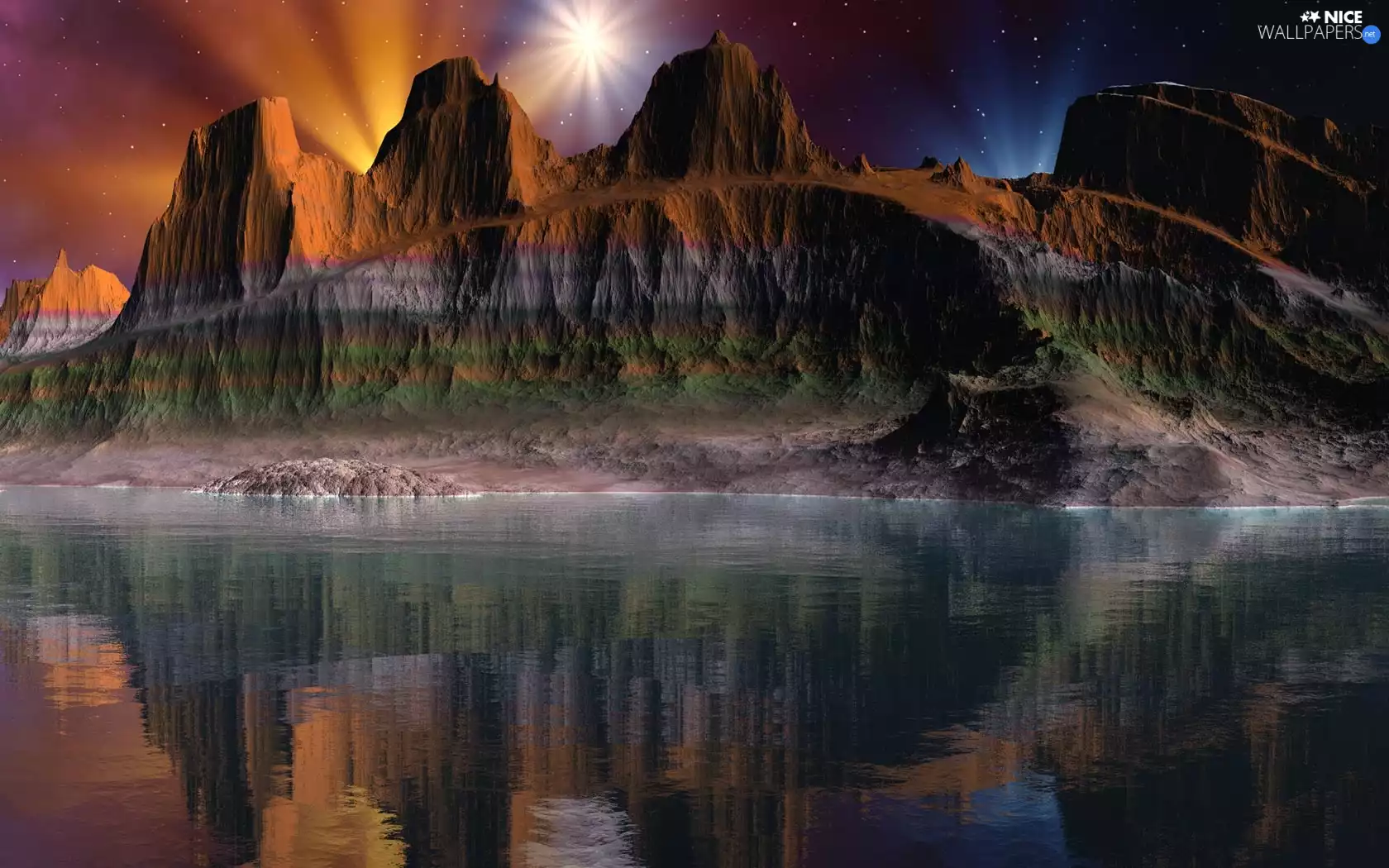 canyon, reflection, Night, lake