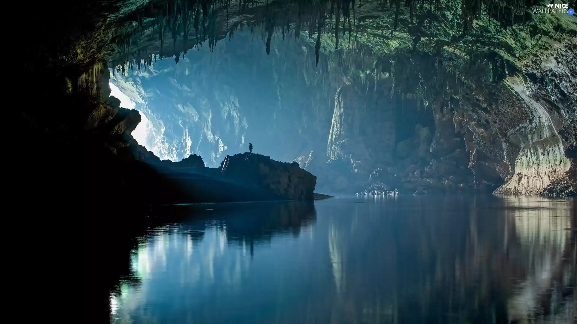 cave, rocks, Human, lake