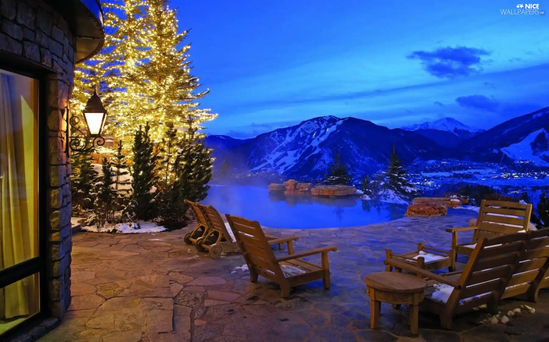 lake, Mountains, christmas tree, View, terrace