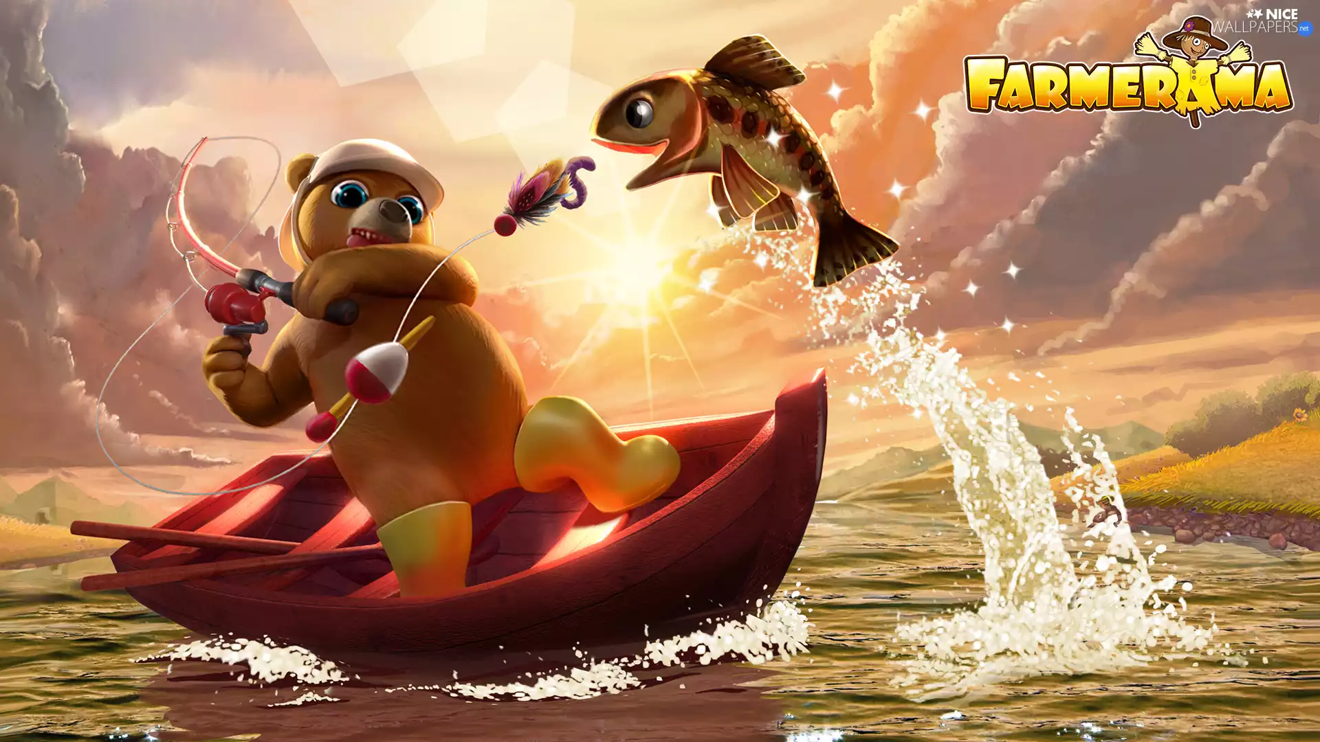 lake, Bear, fishing, Boat, fish, Farmerama, game, fishing rod