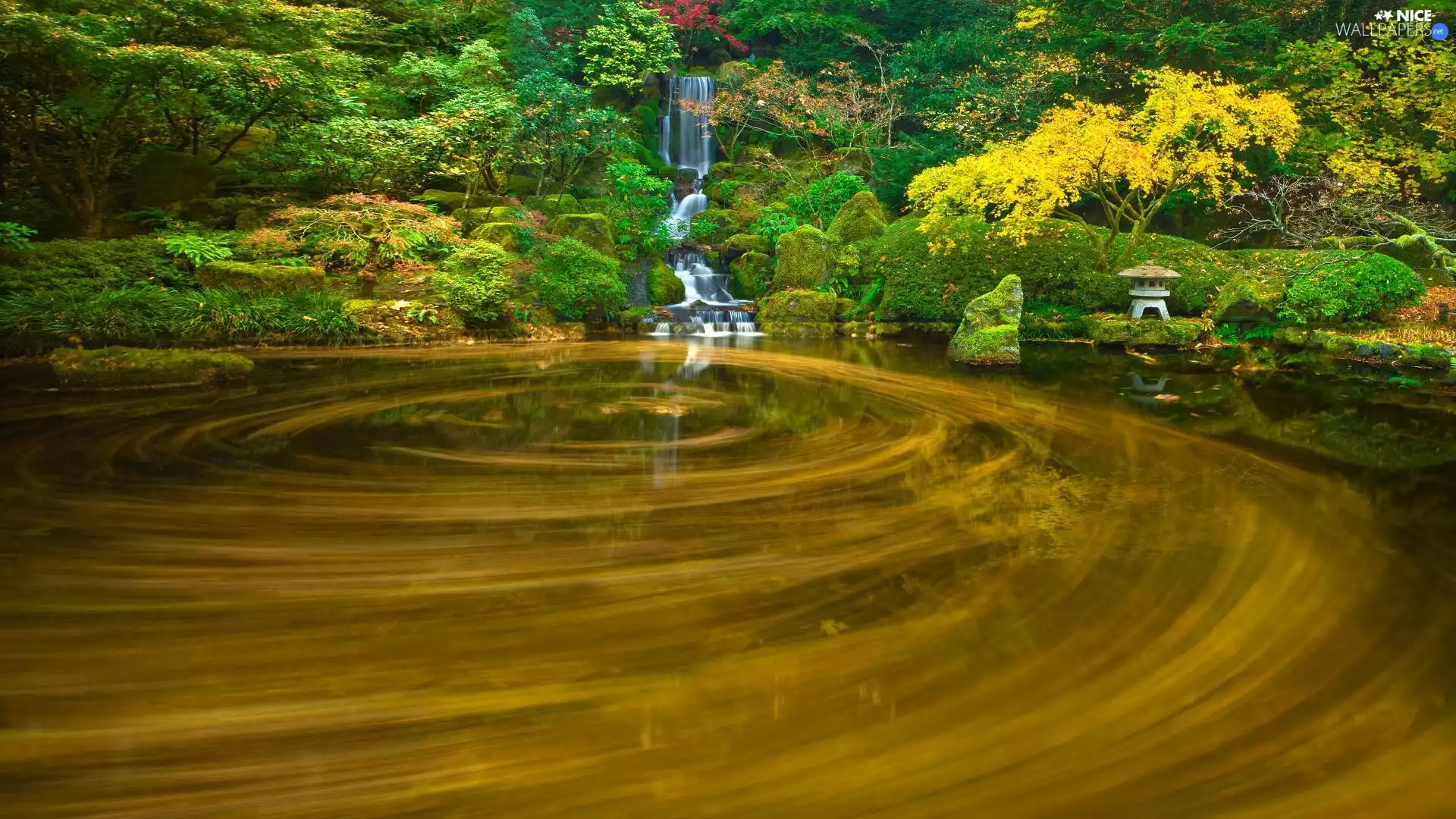 lake, waterfall, Garden