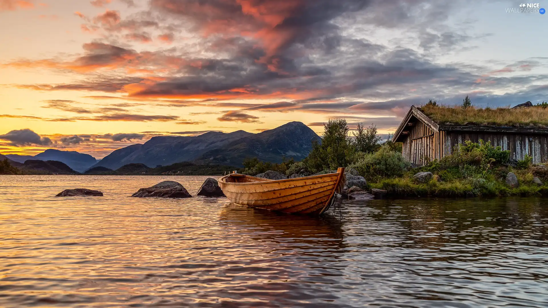 lake, Mountains, Stones, Boat, Bush, clouds, Great Sunsets, cote