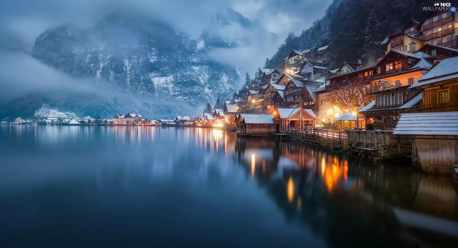 Houses, Austria, Hallstattersee Lake, Fog, Mountains, Hallstatt