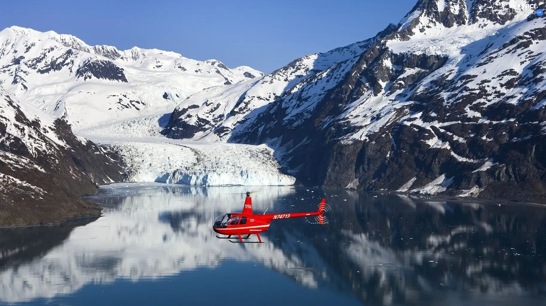 lake, Mountains, Helicopter