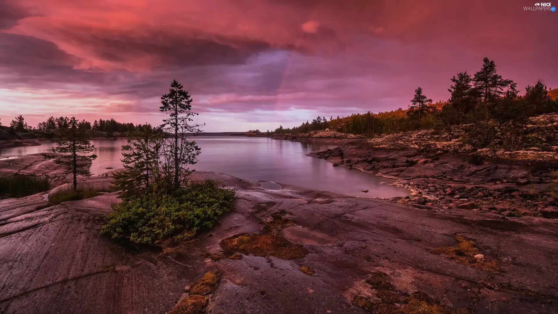lake, Ladoga, Great Rainbows, rocks, viewes, Karelia, Russia, trees