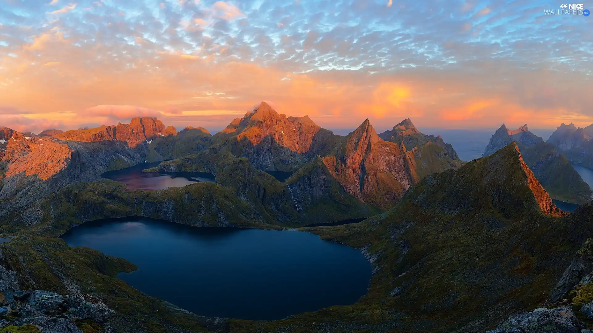 Mountains, lake, Lofoten, sea, Norway