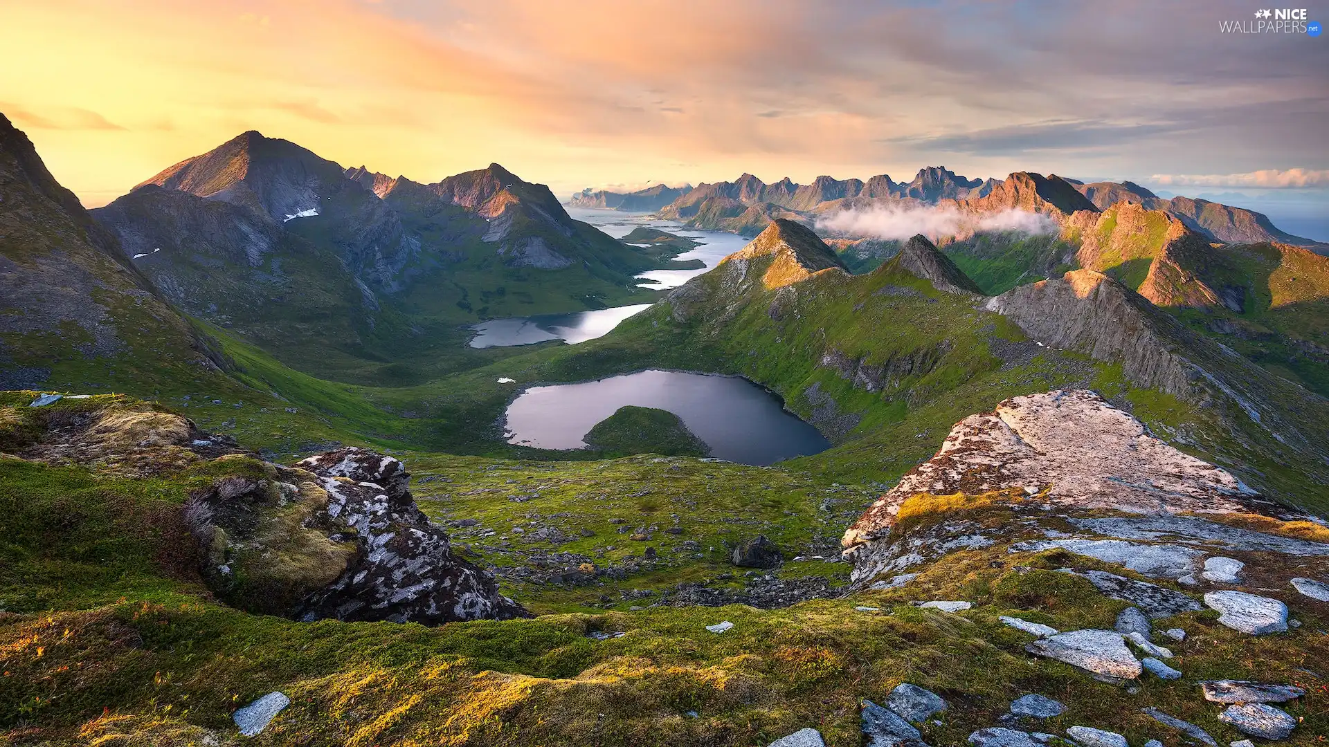 Mountains, Norway, Sunrise, lake, rocks, Lofoten
